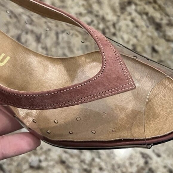 Vintage California Magdesians Women’s Clear Vinyl Suede Trim Peep Toe Size 6M - Picture 2 of 12